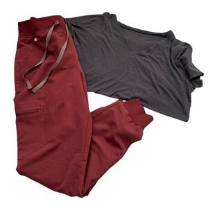 Figs Bottoms and Top - Maroon Track Jogger Pants & Grey V-neck Top